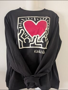 Keith Haring Black Crewneck Sweatshirt with Red Heart Graphic